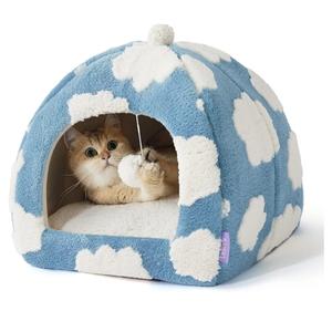 Lesure Cute Cat Beds for Indoor Cats - 2 in 1 Cat Cave Bed for Kittens and Small Pets with Removable Washable Cushioned Pillow, Cozy Kitten Tent with Non-Slip Bottom, Blue, 16 inches