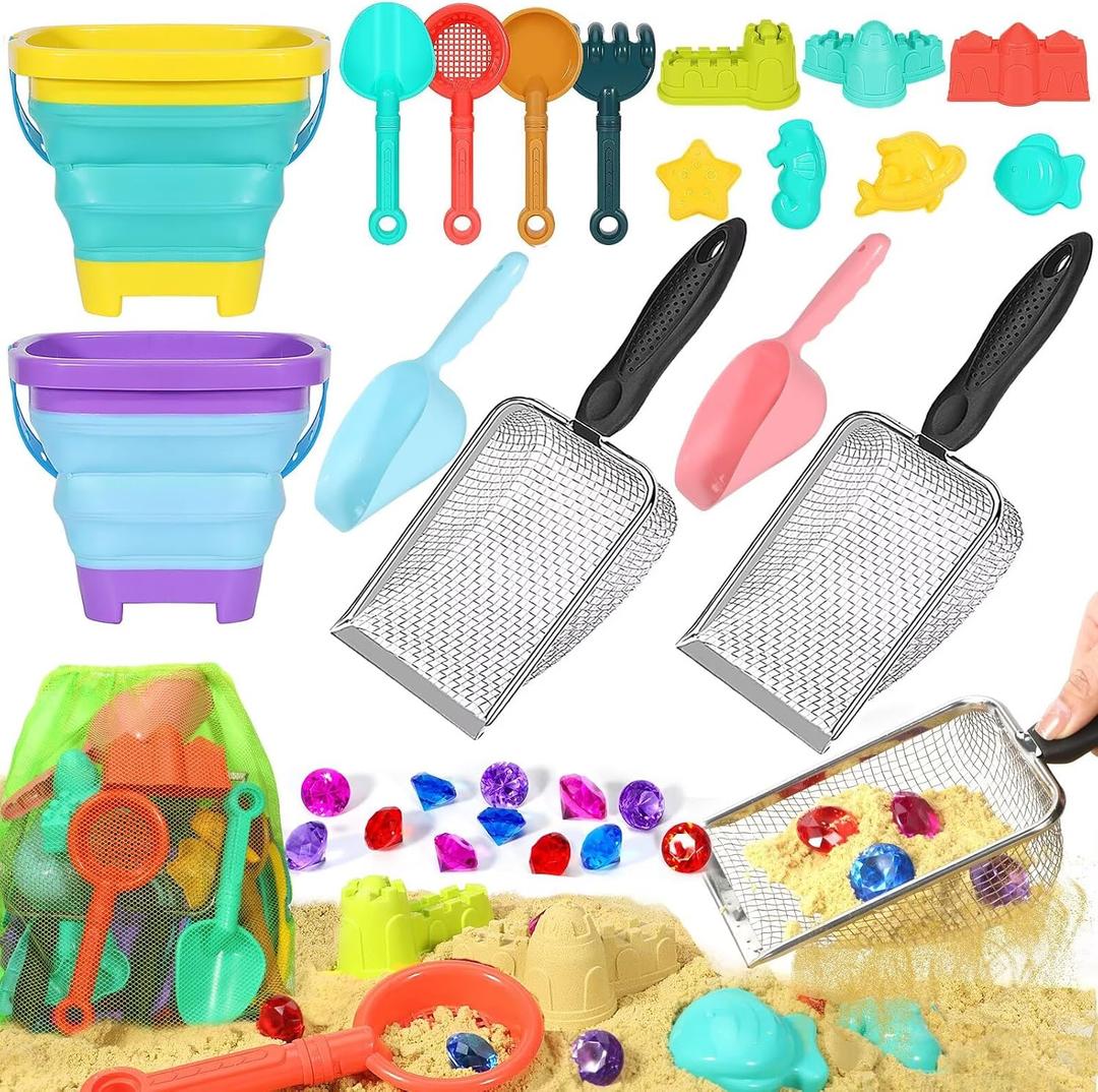 Beach Sand Toys for Kids,Sand toys with 2 Collapsible Beach Bucket,2 Beach Sifter Shovel,Sand Shovel Set,Sand Castle Kit,Sea Animal Molds,Diving Gem Pool Toy,Mesh Bag Travel Toys for Toddler 3-10, Large