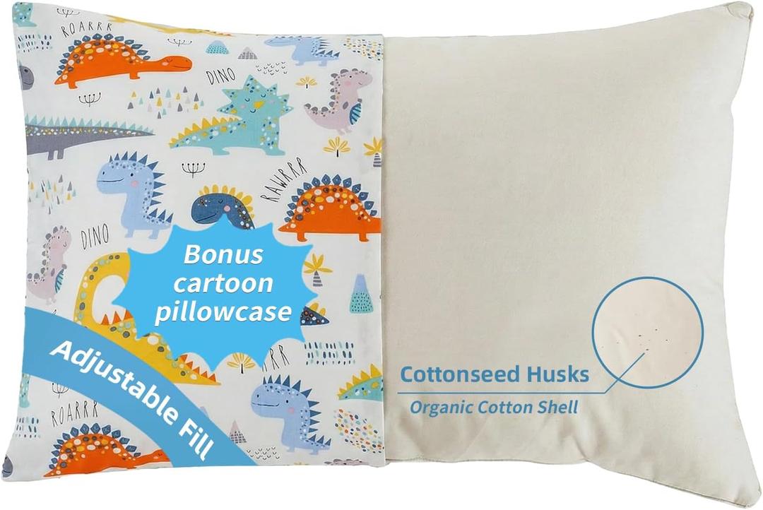 Organic Plilow with Cartoon Pillowcase - 16x22 Kids Pillow with 100% Organic Cotton Shell, Adjustable Organic Youth Pillow, Machine Washable, Soft,for Kids&Youth&Children (Dinosaur)