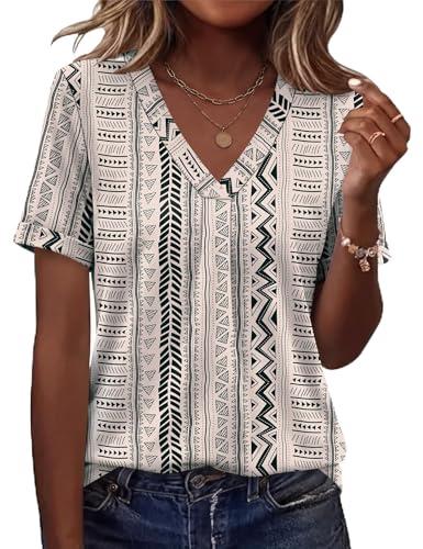 AKEWEI Spring Tops for Women 2026 V Neck Boho Tops for Women Short Sleeve Travel Outfits Womens Tshirt Casual Outfits,L