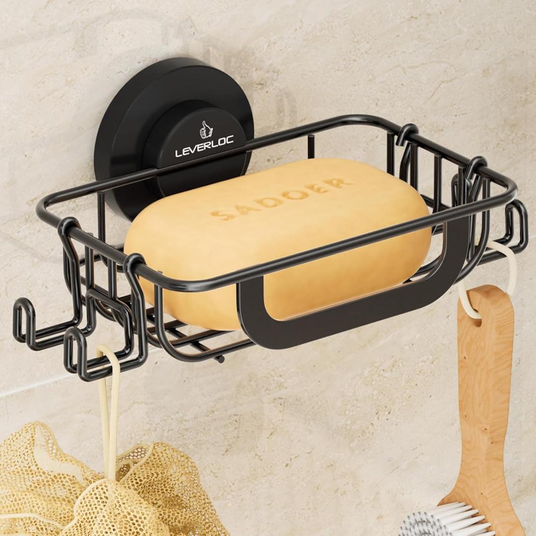 LEVERLOC Soap Dish for Shower with Hooks, Bar Soap Holder with Suction Cup, Soap Tray Rustproof Stainless Steel Holder for Bathroom Soap Saver, Black (1 Tire)