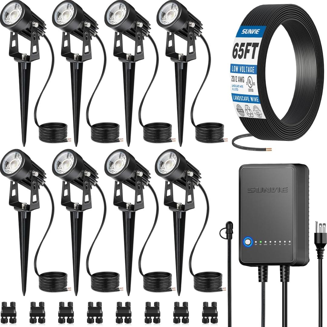 SUNVIE All-In-One LED Landscape Lighting Kit, 8-Pack Low Voltage Landscape Lights with Transformer and 65FT UL-Listed Wire, 3000K Waterproof Outdoor Uplights with Connectors for Yard House Garden Tree