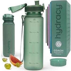 Hydracy Water Bottle with Time Marker -Large BPA Free Water Bottle & No Sweat Sleeve -Leak Proof Gym Bottle with Fruit Infuser Strainer & Times to Drink -Ideal for Fitness Sports & Outdoors (Moonlight Green)