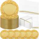 FoldTier 100 Set Antique Charger Plates with Napkins Set 13 Inch Plastic Round Chargers Bulk Embossed Rim Dinner Plates Elegant Guest Towels for Wedding Party Event Table Decoration Setting (Gold)