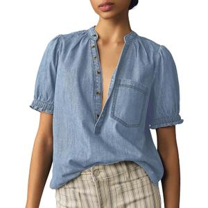 Locachy Women's Half Button Mock Neck Denim Shirt Casual Puff Short Sleeve Denim Blouse Top (Blue, L)