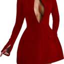 LuFeng Women's Long Sleeve Sexy Deep V Neck Zipper A-line Mini Dress Hollow Bodycon Night Out Party Dress (Red), Large