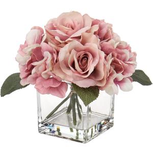 Pink Artificial Flowers in Vase - Hydrangea, Peony, Rose Silk Floral Arrangements for Home Office Table Shelf Decor