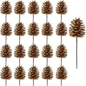 Winlyn 20 Pcs Gold Pine Cone Picks Christmas Ornaments Pinecone Floral Picks Decorative Natural Pinecone Wired Stems 6.9" Tall for Christmas Tree Floral Arrangements Holiday Crafts Seasonal Decoration