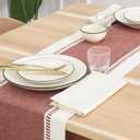 PurpleEssences Rust Table Runner - Wide with Dobby Stripe, Heavy Ribbed Weave & Double Knot Fringes, 14x72 Inch (14x77.5 with Fringes) Boho Farmhouse Decor - Fall Thanksgiving - Rust and H.White