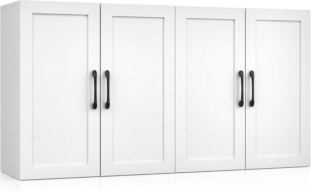 Wall Cabinet with Adjustable Shelves, Laundry Room Cabinet with 4 Doors, Kitchen Storage Cupboard Cabinet, Wall Mount Medicine Cabinet for Bathroom, Living Room, White