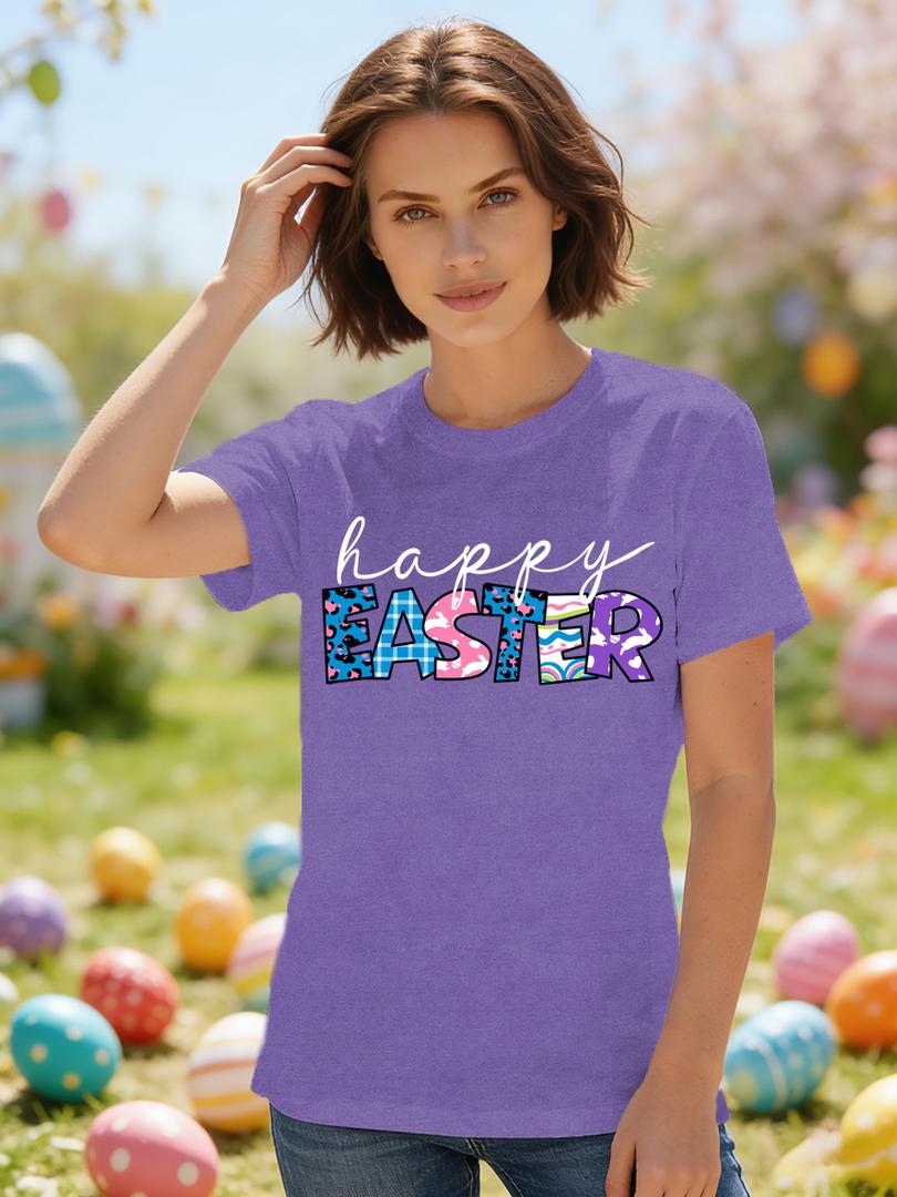 LuxLass Easter Shirts for Women Happy Easter Day T-Shirt Leopard Plaid Letter Print Tee Tops Purple XL