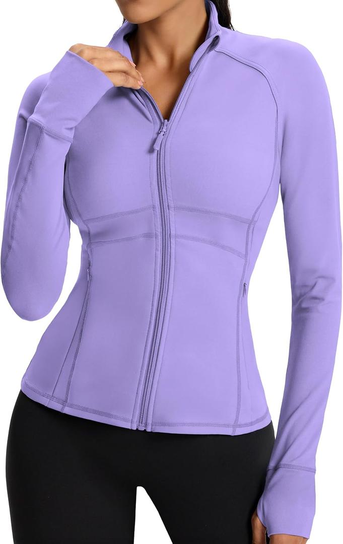 Waitfairy Zip Up Jackets for Women Yoga Gym Top Running Workout Jackets for Woman Track Jacket Women with Thumb Holes (Small, Lavender)