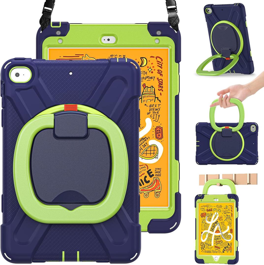 BRAECN Case for Kids iPad mini 5 Case-Drop/Shock Proof, Full Body Bumper Silicone Case with Pencil Holder, Hand Grip, Stable Kickstand, Shoulder Strap for iPad mini 5/4 2019/2015 7.9 Inch, Navy+Green