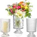 Set of 3 Clear Vases for Flowers, Wide Mouth Glass Vase for Centerpieces, 7'' Tall Embossed Pedestal Vase Cylinder Candle Holder for Table, Wedding, Room Decor
