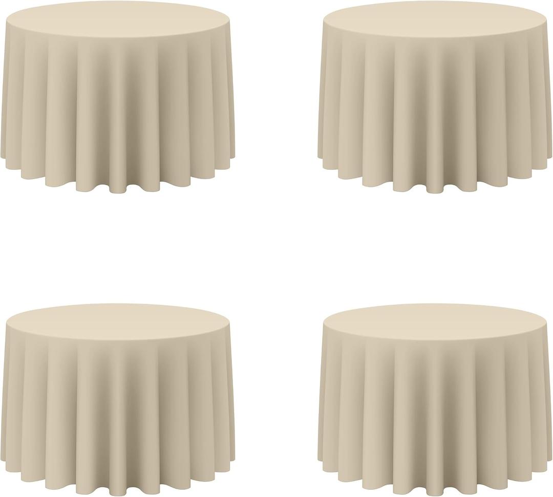 BRILLMAX 4 Pack Beige Round Tablecloths 108 Inch for 48 Tables - 150 GSM Polyester Fabric, Floor Length Drop, Water, Stain & Wrinkle Resistant Cloth Cover for Wedding Reception Banquet Dining