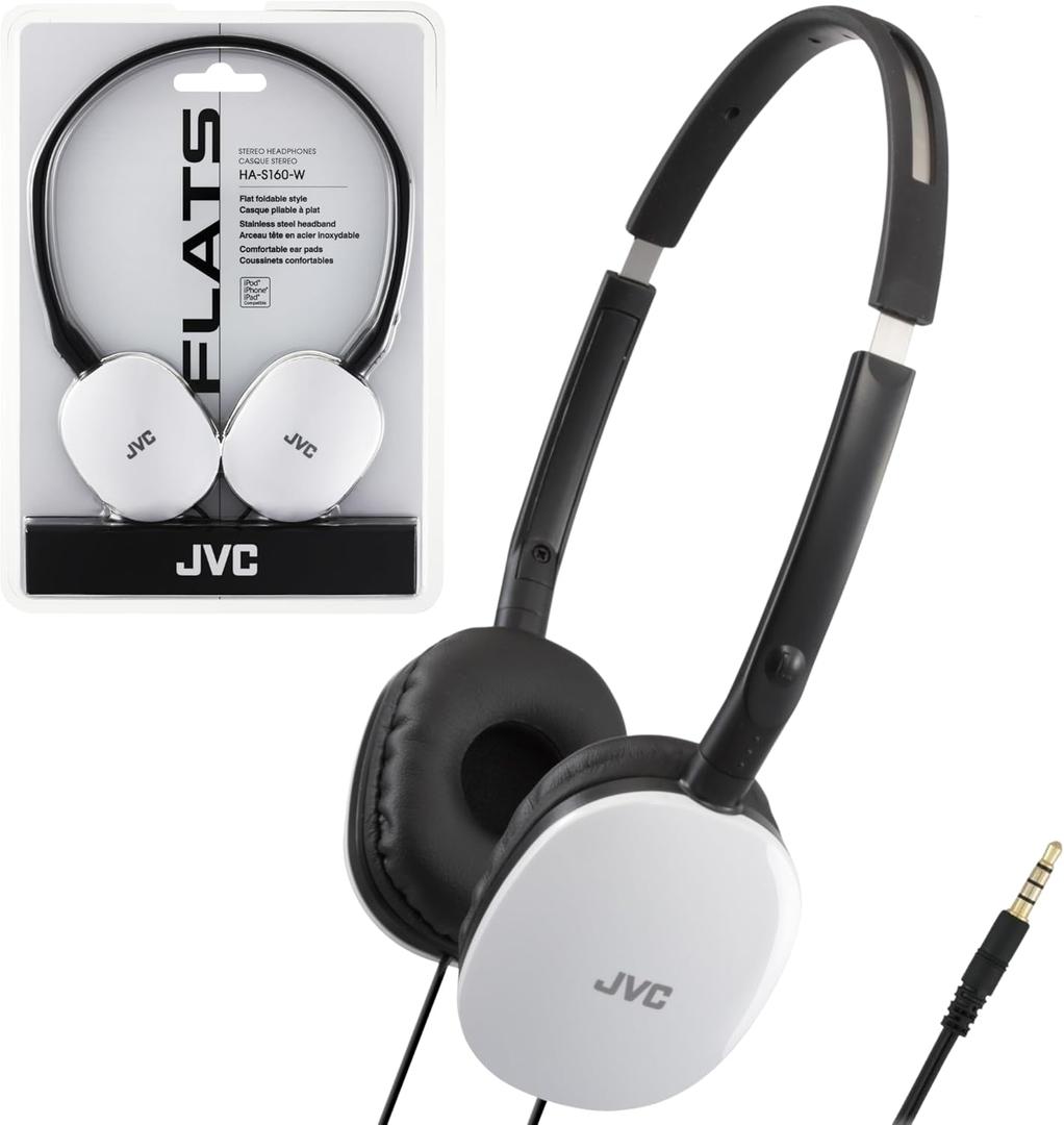 JVC Flats On-Ear Wired Headphones - Flat Foldable Design - 30mm Driver for Powerful Sound - Soft Ear-Pads for Comfort  Steel Headband - Lightweight & Portable - PC/Laptop/Gaming - 3.5mm Slim Plug (White)