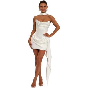 Women Satin Corset Prom Homecoming Dresses Strapless Ruched Formal Wedding Party Gown Dress with Scarf (White, S)