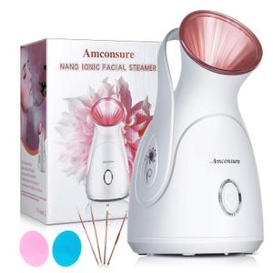 Facial Steamer, Amconsure Nano Ionic Face Steamer for Home, 100ML Warm Mist Humidifier for Women Moisturizing, Unclogs Pores-Bonus Stainless Steel Skin Kit and 2 Face Scrubbers (Rose Gold)