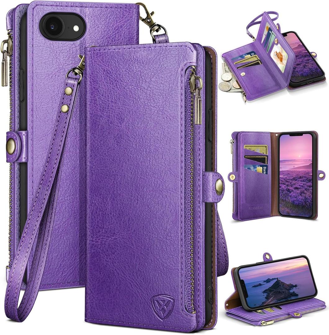 XcaseBar Compatible with iPhone 16e 6.1" Wallet case with Zipper Credit Card HolderRFID Blocking,Flip Folio Book PU Leather Phone case Shockproof Cover Men Women for Apple 16e case Purple