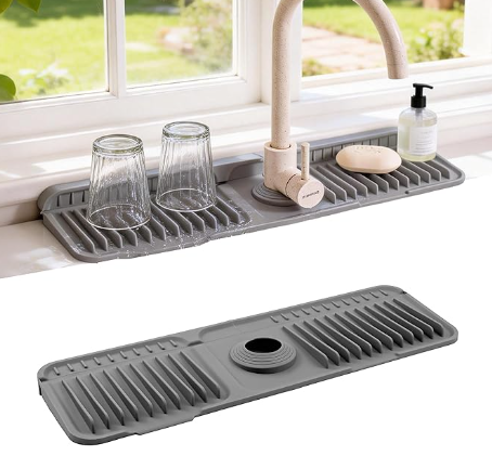 ZJWZLG Faucet Mat for Kitchen Sink, 17.7"X5.5" Silicone Sink Splash Guard with Soap Holder, SnapOn Design & 7°slope Fast Drain, Folding Sink Faucet Mat for Universal Kitchen Bathroom Sink（Grey）