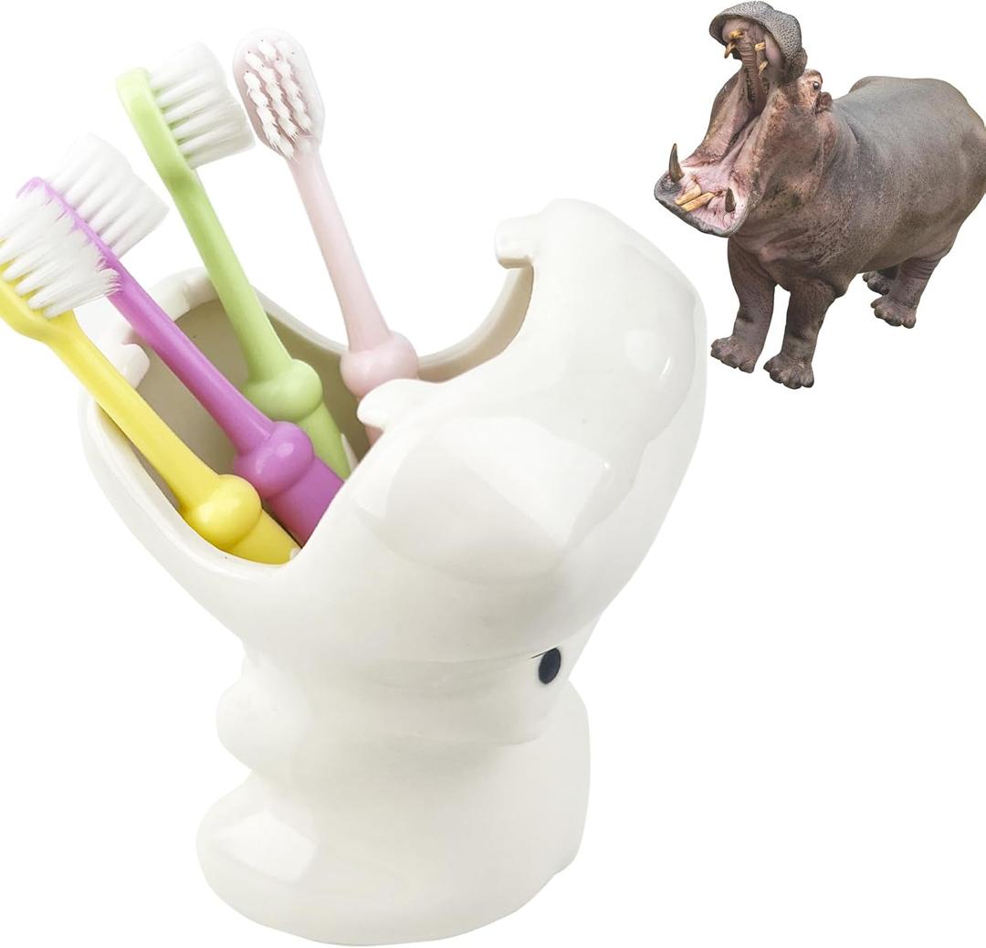 FlidRunest Kids Hippo Toothbrush Holder, Cute Hippo Pen Pencil Holder, White Ceramic Succulent Planter Pots for Home Office Decoration Desk Organization, Set of 1