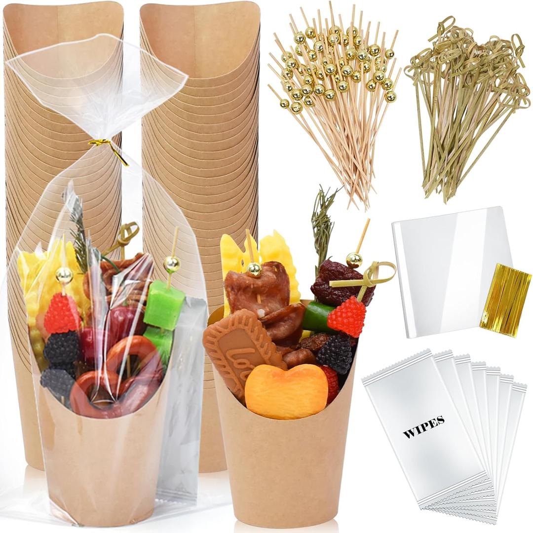 Artcome 60-Piece 14oz Kraft Charcuterie Cups Set with Treat Bags, Bamboo Skewers & Wet Wipes – Disposable Snack Holders for Parties, Events & BBQs