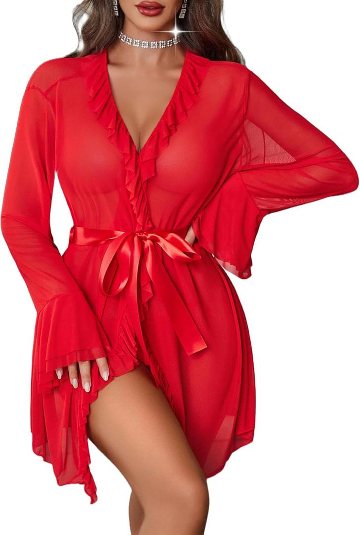 Avidlove Mesh Lingerie Robe Sets for Women Sexy Nightgown Long Sleeve Kimono Ruffle Nighty With Thong (Medium)