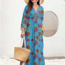 MAKABO Women's Bamboo Viscose Kaftan V Neck Muumuu Summer Maxi Caftan Dress (Blue)