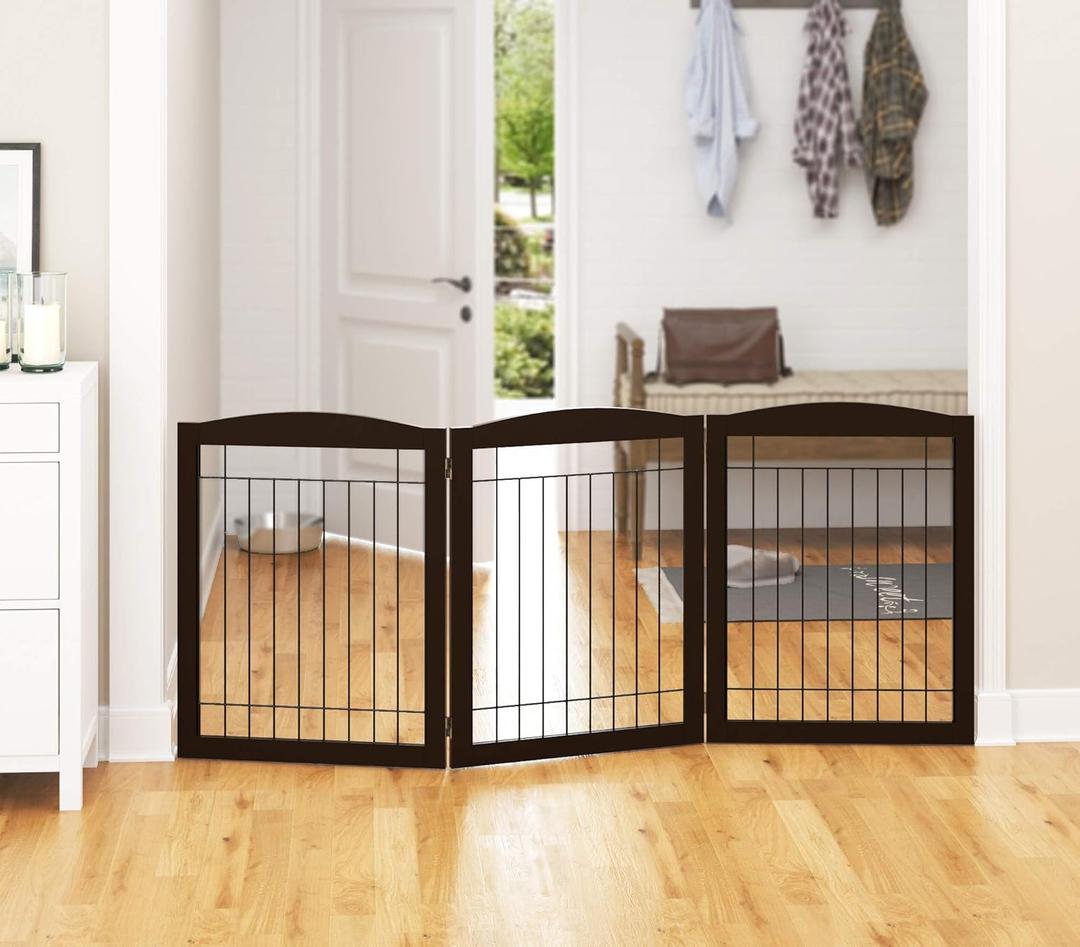 PAWLAND 72 Extra Wide Dog Gate for The House, Doorway, Stairs, Freestanding Foldable Wire Pet Gate, Pet Puppy Safety Fence, 30" Height (Espresso, 3 Panels) (3 Panels 72 "W x 32"H)
