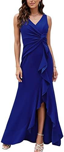 FQA Formal Evening Dresses for Women Elegant Evening Party Prom Dress Long Sexy V Neck Sleeveless Split Wrap,Blue, M