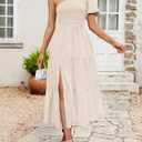 ZESICA Women's Boho Summer One Shoulder Short Sleeve Smocked Side Split Ruffle Swing Midi Dress (Beige, S)