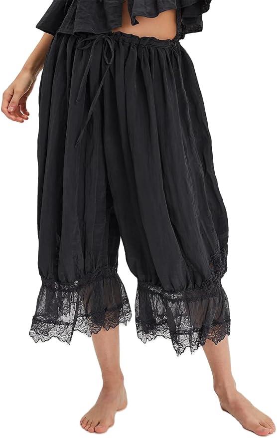 Alyweatry Women Ruffle Long Bloomers Elastic Waist Lace Patchwork Pettipants Pantaloons Cropped Slip Pants Streetwear. One Size