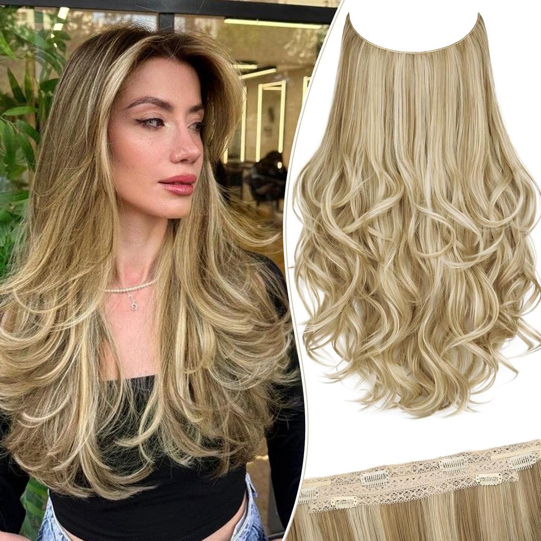 Layered Halo Hair Extensions with Invisible Wire Light Blonde Mixed Bleach Blonde Hair Extensions with and 6 Secure Clips 20 Long Wavy Layered Synthetic Hair Extensions for Women (9H/24A#)