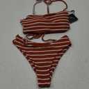 ZAFUL Women Strapless Ribbed High Cut Bandeau Bikini Lace Up 2 Pieces Swimwear (Small, 6-coffee)