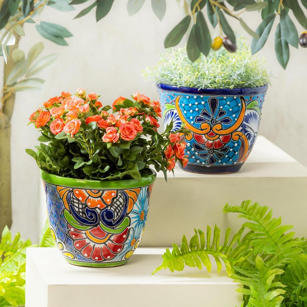 Evergreen 7 inch Talavera Mexican Pottery Ceramic Green Detailed Baul, Set of 2, Flower Pot Plant Succulent, Indoor Outdoor