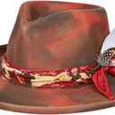 RUEDIGER Vintage Wide Brim Fedora Hats 100% Wool Stiff Felt Hat Rancher Hat with Lightning Logo Handmade Distressed/Burned (7 5/8, Wine Red)