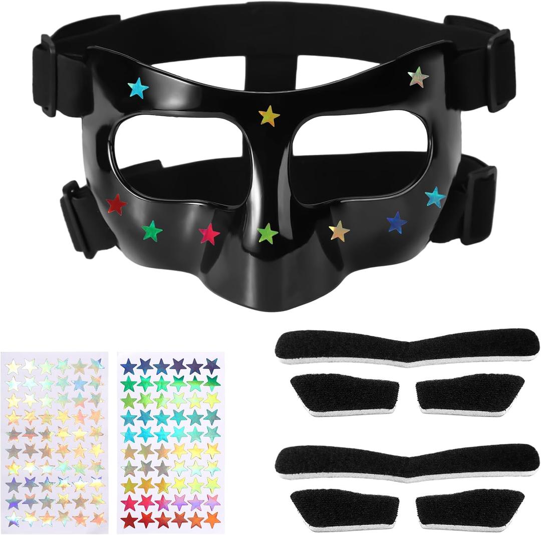 Nose Guard for Broken Nose, 5.9x3.74 in Adjustable Face Shield with Pads Star Stickers Guard Sports Training Face Mask Nose Protector for Kids Adults Teens Basketball Soccer Baseball Football(Black)