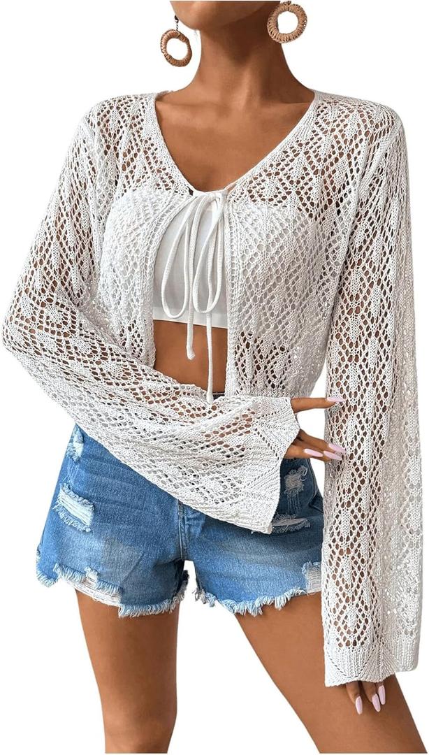 SweatyRocks Women's Tie Front Crop Cardigan Hollow Out Long Sleeve Lightweight Knit Tops (Large, White)