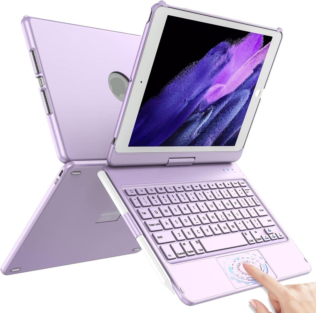 TQQ Touch for iPad 9th Generation Case with Keyboard (10.2", 2021), Multi-Touch Trackpad, 360 Rotatable Protective Cover for iPad Keyboard 9th/8th/7th Gen with Pencil Holder (Purple)