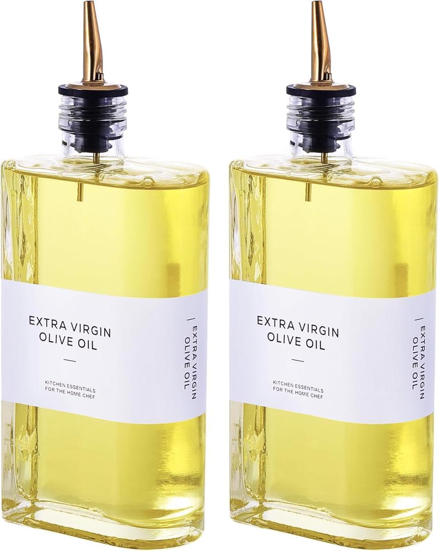 2 Pcs Olive Oil Dispenser Bottles, 500ml/17oz Glass Oil & Vinegar Decanter with Gold Stainless Steel Precision Pourer for Kitchen Cooking