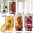 CWHHRN 16Oz Glass Cups, 6Set Glass Tumbler with Straw and Lid, Vintage Glassware for Whiskey Cocktail Beer, Iced Coffee Cups with Lid (6 PACK)