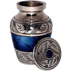 Classic Small Mini Cremation Keepsake Urn for Human Ashes  with Box and Velvet Box - 2.6 inch - Blue Fire Design - Made of Brass
