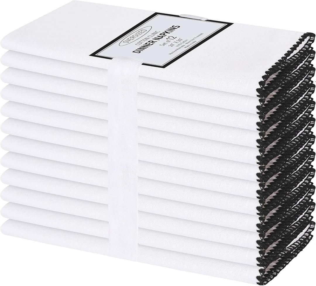 Cotton Clinic Cloth Napkins with Trim - Everyday Use Table Dinner Napkins - Soft Durable Washable - Ideal for Dinner Party Wedding Christmas Easter - Set of 12-20x20 inches Black White Napkins