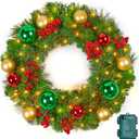 Minetom 24-Inch Pre-Lit Christmas Wreath 24-Inch, Christmas Door Decorations Wreath with 50LED Warm Lights, Christmas Balls, Pine Needles, and Red Berries for Front Door Wall Windows, Green & Gold