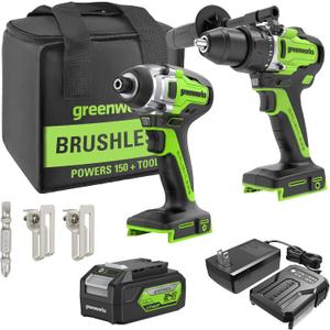 Greenworks 24V Cordless Brushless 800in-Ibs Drill & 2650 in-ibs Impact Driver Combo Kit with 4.0Ah Battery and Charger