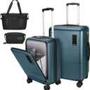 2 Piece Luggage Sets with Spinner Wheels Front Open Pocket, ABS+PC Suitcase with TSA Lock & YKK Zipper, Carry On 20/24 inch Medium +Toiletry Bag+Handbag, Teal Blue