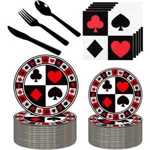 150Pcs Casino Poker Party Supplies - 9" & 7" Poker Paper Plates & Napkins - Knives, Forks, Spoons - Casino Theme Party Decorations