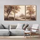 Rantodecor Vintage Landscape Framed Canvas Wall Art Triptych, Rustic Tree Sketch Wall Decor, Large Claming Nature Forest Art Paintings, Modern Relax Farmhouse Artwork for Bedroom Living Room 16"x24"x3, 24"x16"