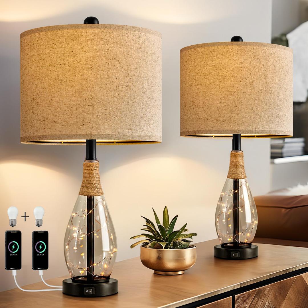 OYEARS 23" Table Lamps for Living Room Set of 2 Bedside Lamps for Night Stands Bedroom Lamps Farmhouse Rattan Boho Lamp Glass Nightlight End Table Lamp with USB C+A (Black),Two Light Points
