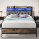 Queen Bed Frames with Headboard, LED Lights Queen Size Bed Frame with Charging Station, 2-Tier Storage Shelves, Heavy Duty Metal Slats, Noise Free, No Box Spring Needed, Easy Assembly, Brown